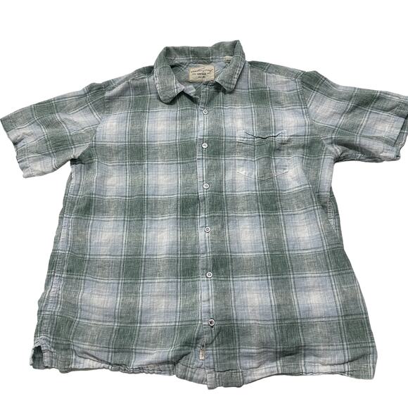 Weatherproof Vintage Men Shirt XL Blue Green Plaid Linen Cotton Short Sleeve - Picture 1 of 9